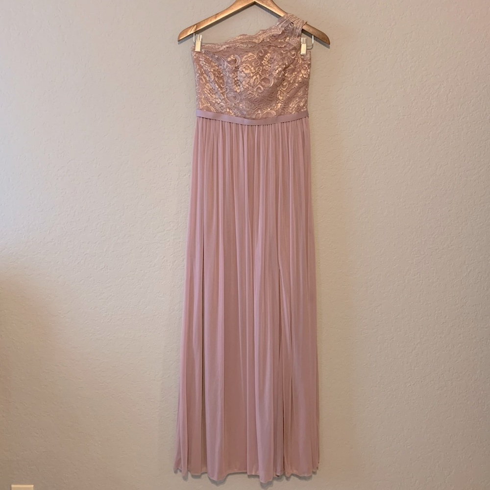 Bridesmaid dress, dusty rose with gold accent lace